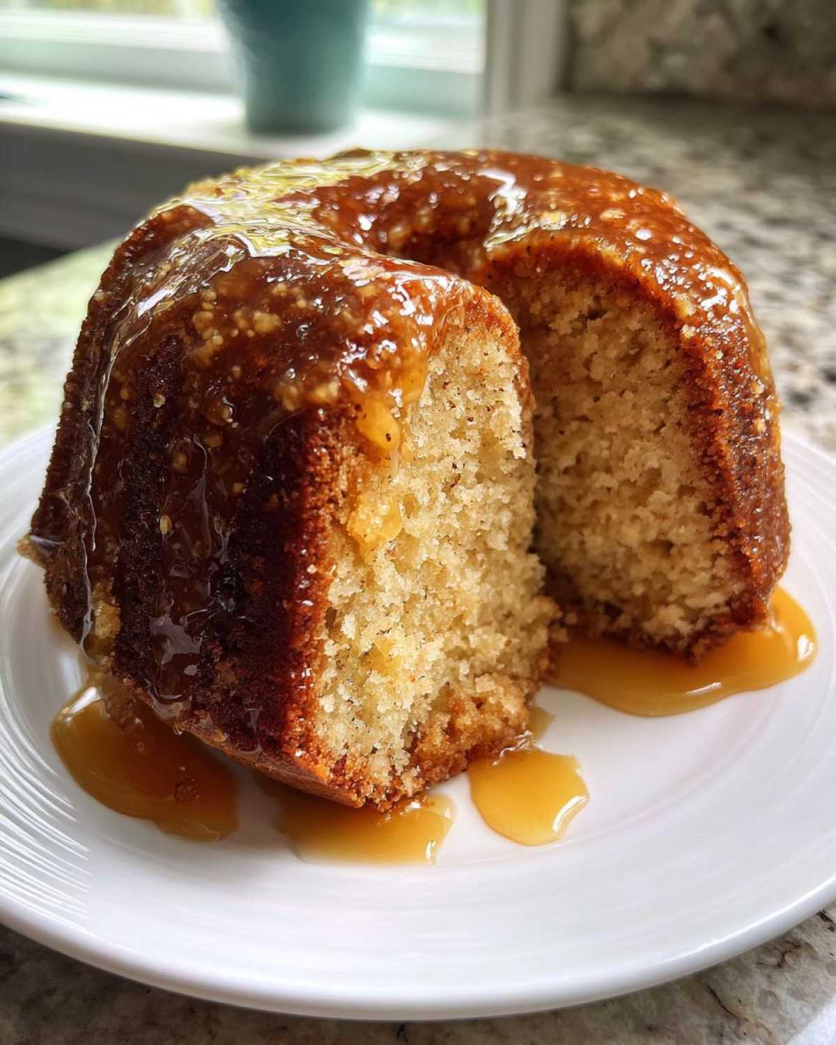 A close-up of a slice cut from a Bacardi rum cake, heavily drizzled with a thick, amber rum glaze.