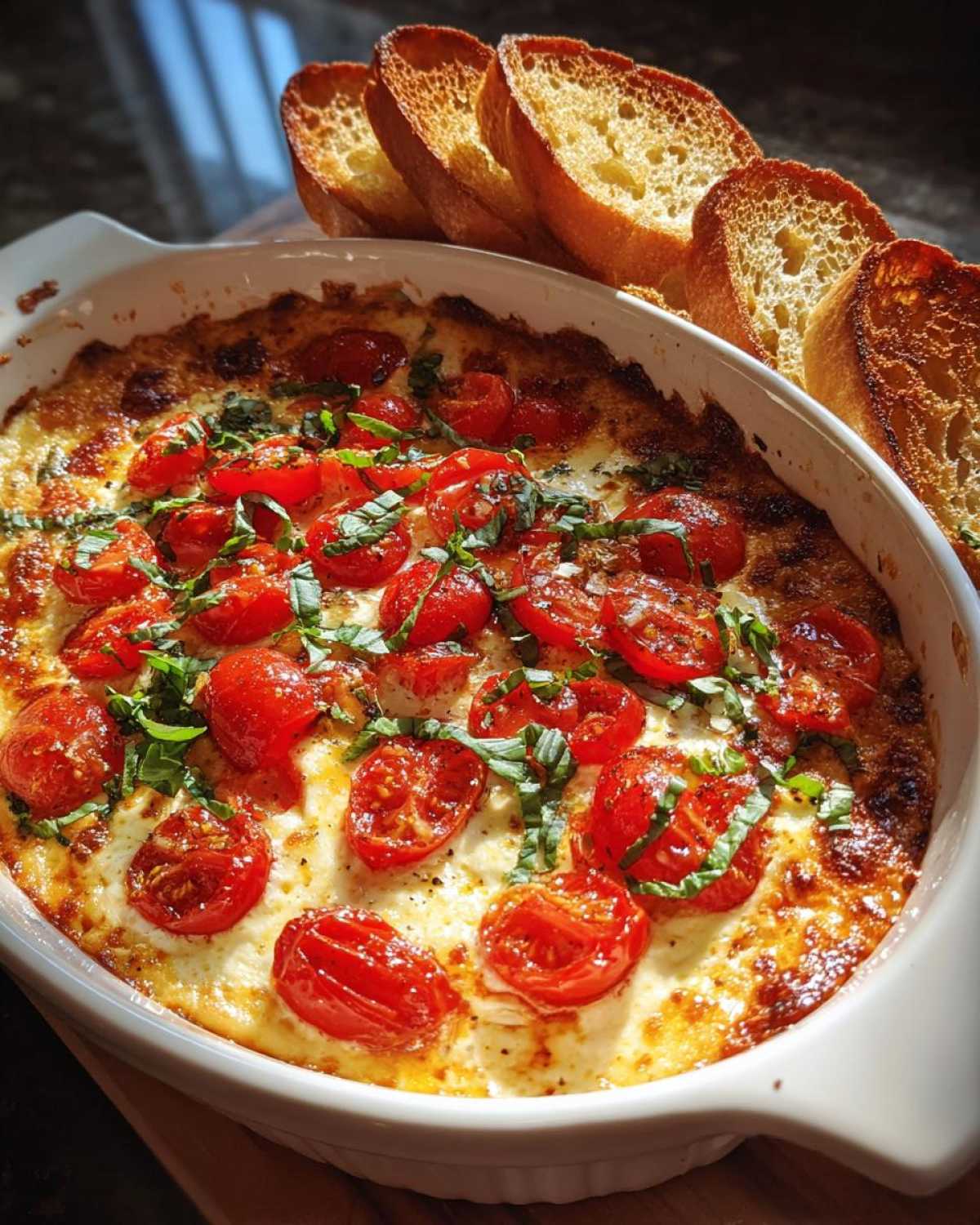 A hot, baked bruschetta dip topped with roasted cherry tomatoes and fresh basil, served with toasted baguette slices.