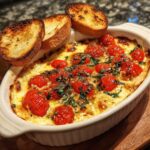 A baked bruschetta dip featuring melted cheese, roasted cherry tomatoes, and fresh basil, served with toasted crostini.