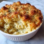 Close-up of baked mac and cheese recipe with a golden, crunchy topping and visible cheese pull.