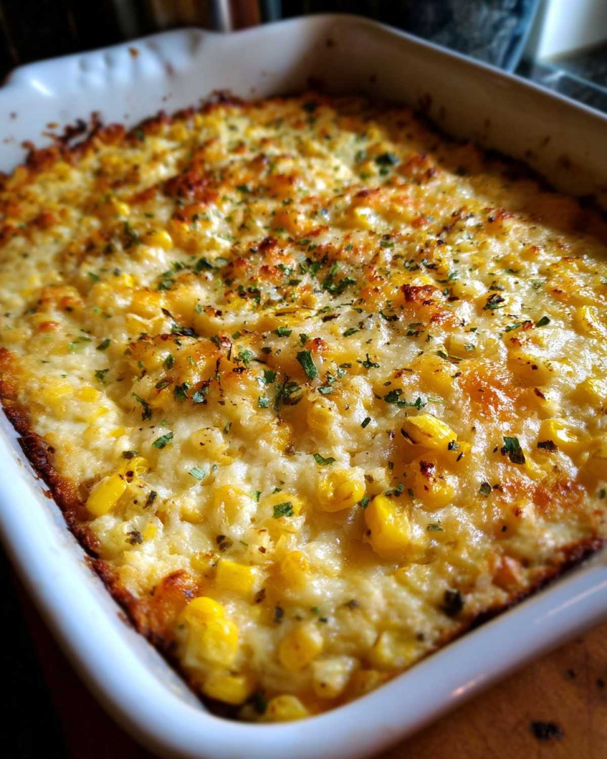 Close-up of baked mexican street corn dip with golden cheese topping and green herbs.