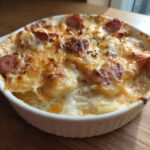 A bubbling, golden-brown baked pierogi casserole topped with melted cheese and sliced sausage.