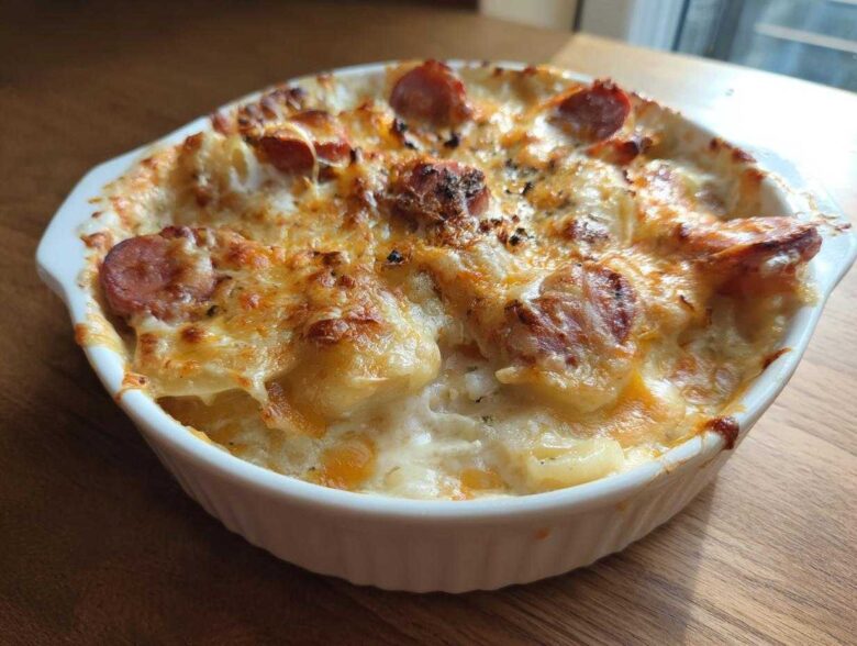 A bubbling, golden-brown baked pierogi casserole topped with melted cheese and sliced sausage.