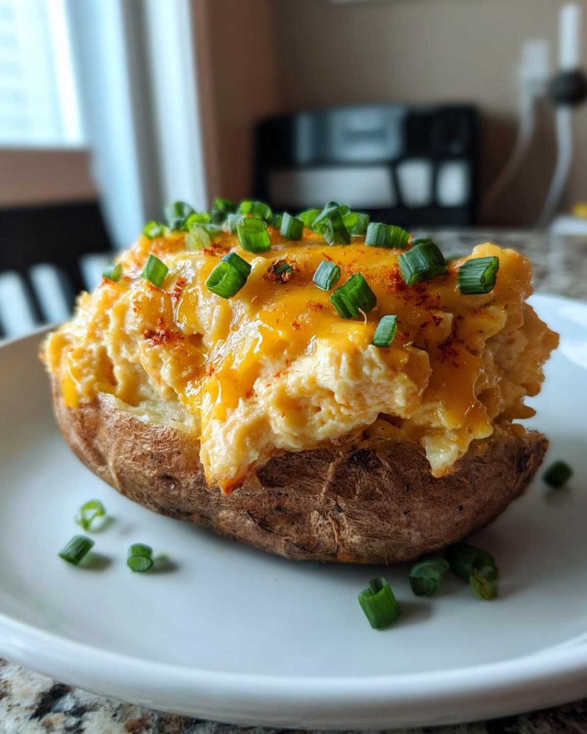 A single twice-baked potato filled with creamy mixture, topped with melted cheddar cheese and fresh chives, ready to eat as a baked potato casserole.