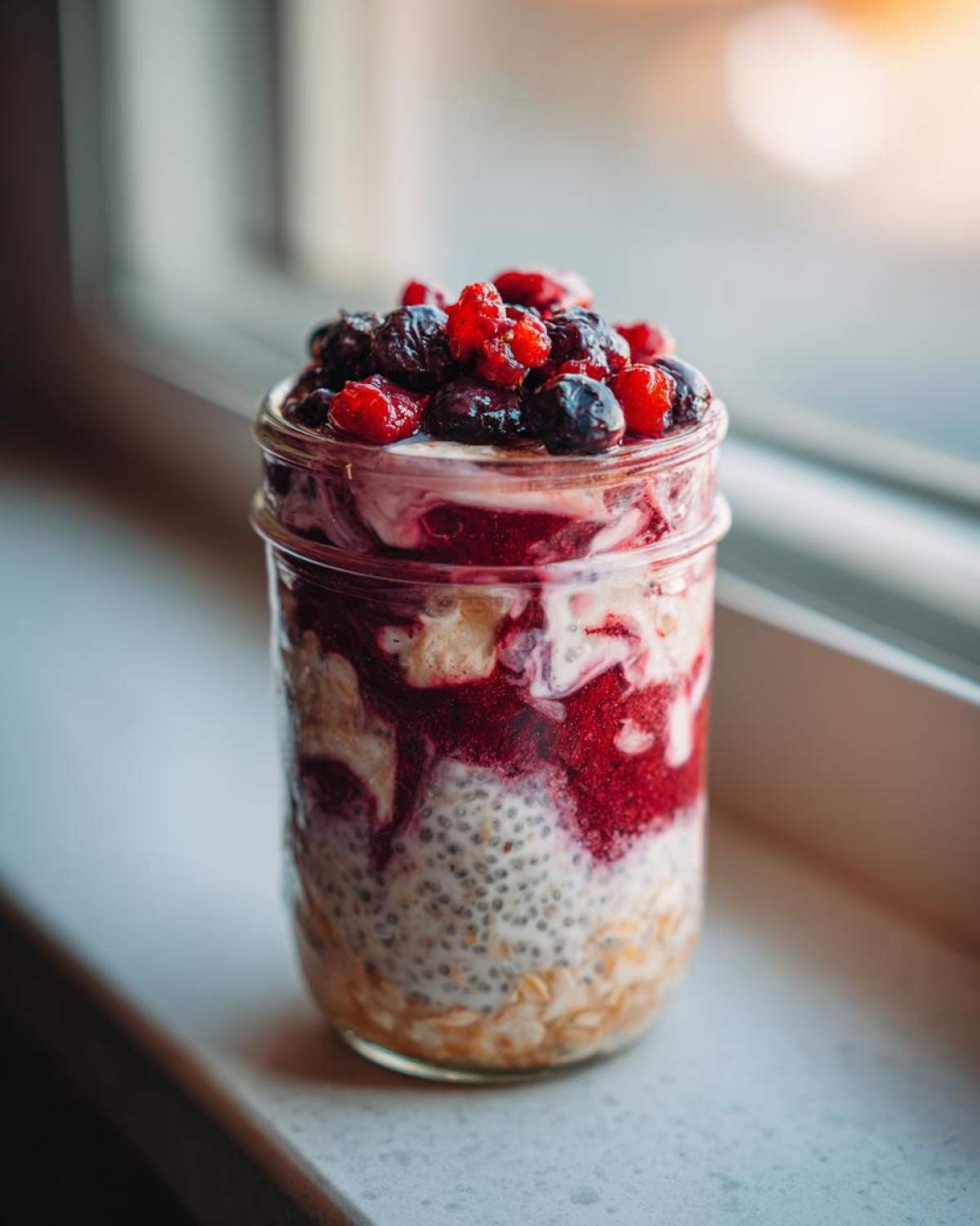 Layered berry overnight oats in a glass jar topped with mixed frozen berries, sitting on a windowsill.