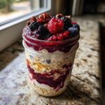 Close-up of layered overnight oats in a mason jar topped generously with mixed berries and jam.