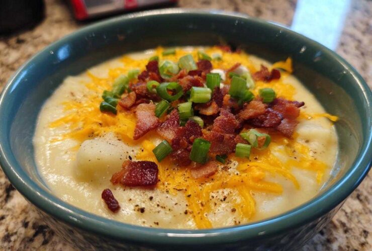 Close-up of a creamy, thick potato soup recipe topped with shredded cheddar cheese, bacon bits, and green onions.