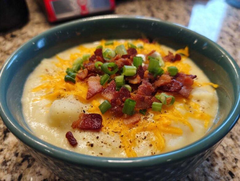 Close-up of a creamy, thick potato soup recipe topped with shredded cheddar cheese, bacon bits, and green onions.