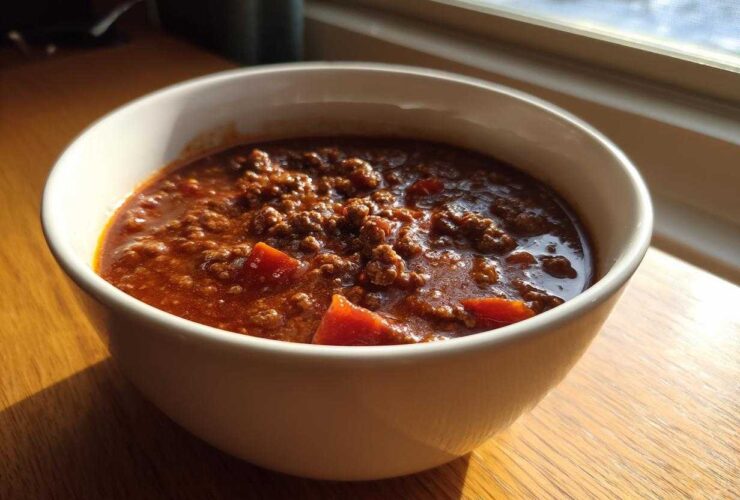 Close-up of a white bowl filled with rich, savory best chili recipe, sitting on a wooden table near a window.