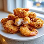 Close-up of a pile of golden brown, crispy fried shrimp, one piece broken open showing the white interior.