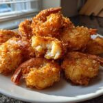 A pile of golden brown, crispy fried shrimp served on a white plate, one piece is broken open showing the white shrimp inside.