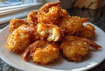 A pile of golden brown, crispy fried shrimp served on a white plate, one piece is broken open showing the white shrimp inside.