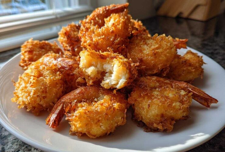 A pile of golden brown, crispy fried shrimp served on a white plate, one piece is broken open showing the white shrimp inside.
