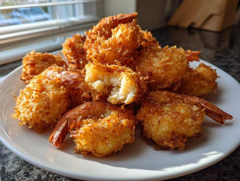 A pile of golden brown, crispy fried shrimp served on a white plate, one piece is broken open showing the white shrimp inside.