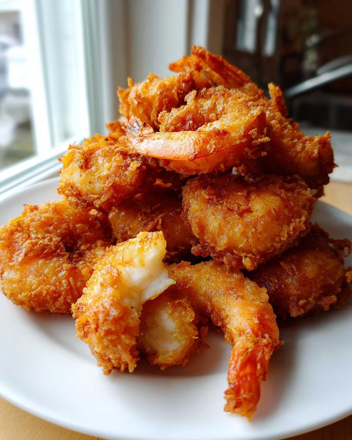 A generous pile of golden brown, crispy fried shrimp on a white plate, one piece broken open showing white interior.