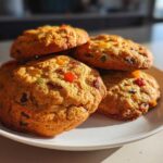 A close-up stack of freshly baked fruitcake cookies studded with colorful candied fruit pieces, sitting on a white plate.