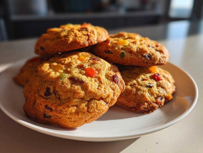 A close-up stack of freshly baked fruitcake cookies studded with colorful candied fruit pieces, sitting on a white plate.