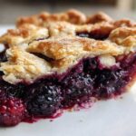 Close-up of a thick slice of juicy blackberry pie with a flaky, golden crust.