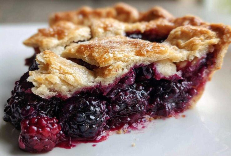 Close-up of a thick slice of juicy blackberry pie with a flaky, golden crust.