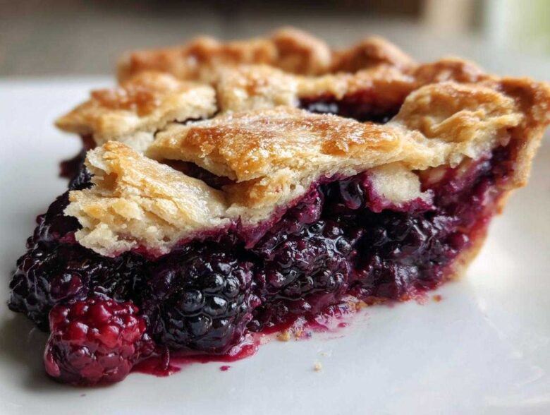 Close-up of a thick slice of juicy blackberry pie with a flaky, golden crust.
