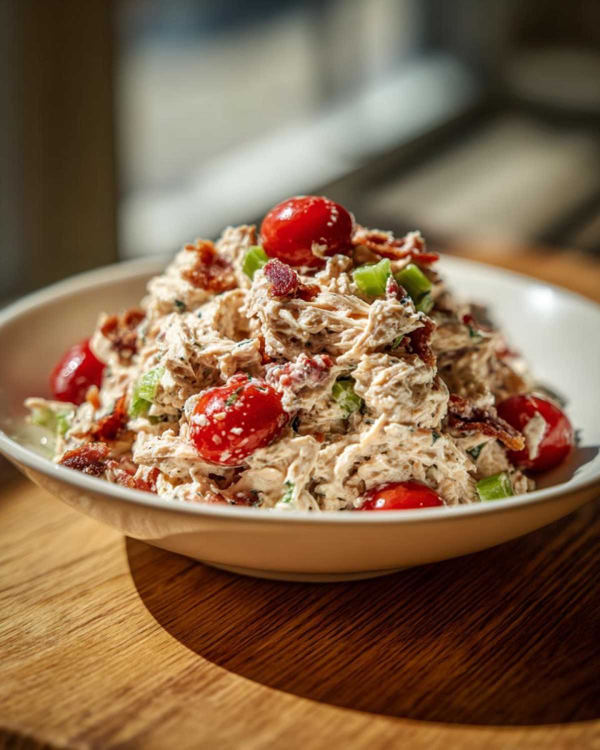 A bowl filled with creamy blt chicken salad topped with cherry tomatoes, bacon bits, and celery.