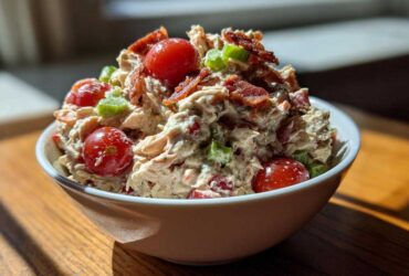 A creamy, chunky serving of blt chicken salad topped with cherry tomatoes, bacon bits, and celery.