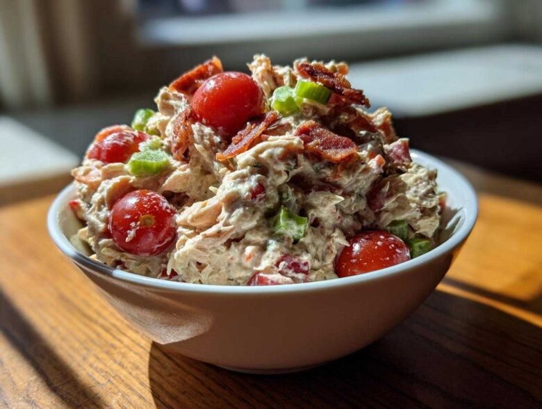 A creamy, chunky serving of blt chicken salad topped with cherry tomatoes, bacon bits, and celery.