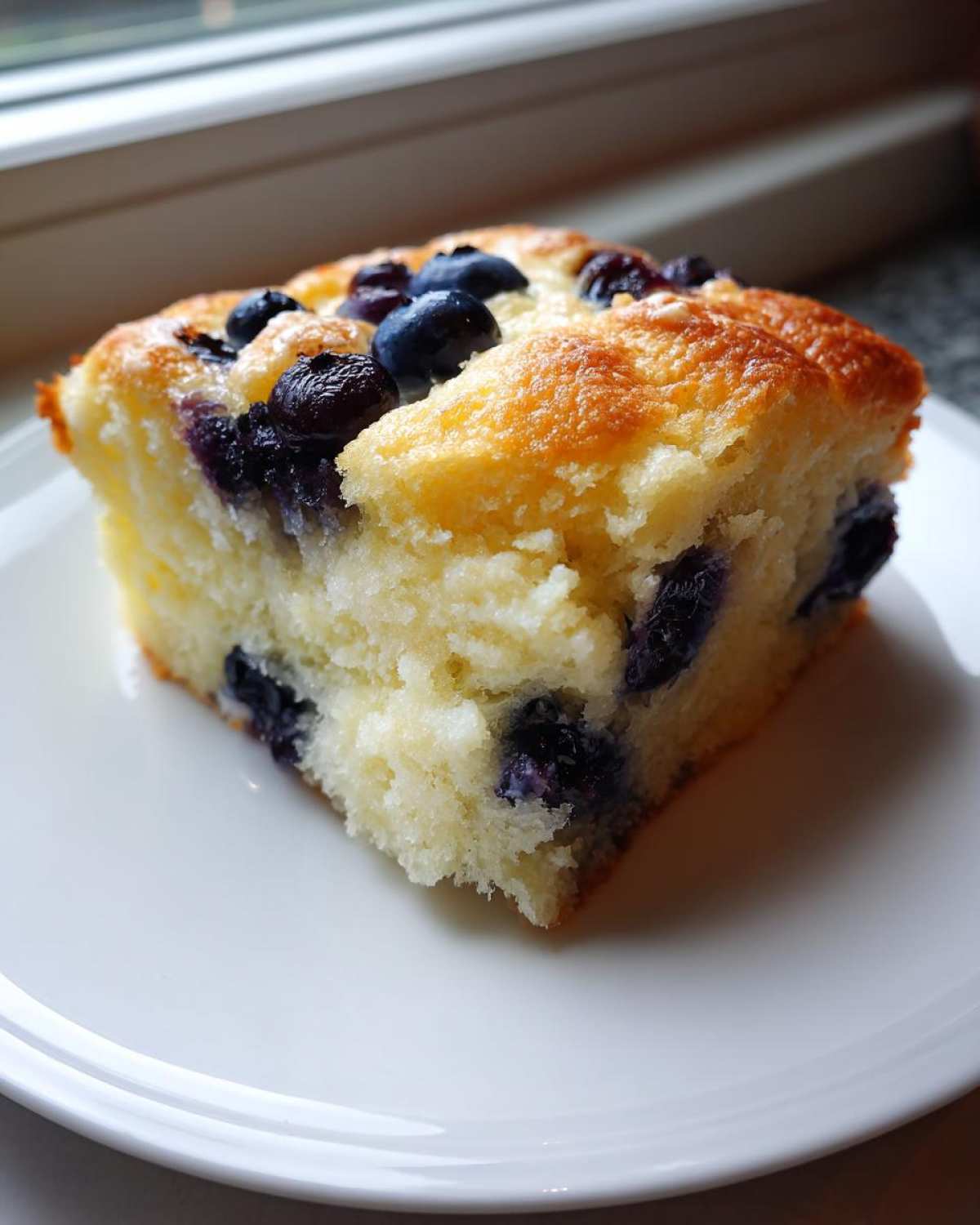 A close-up of a square serving of fluffy blueberry sheet pan pancakes on a white plate.
