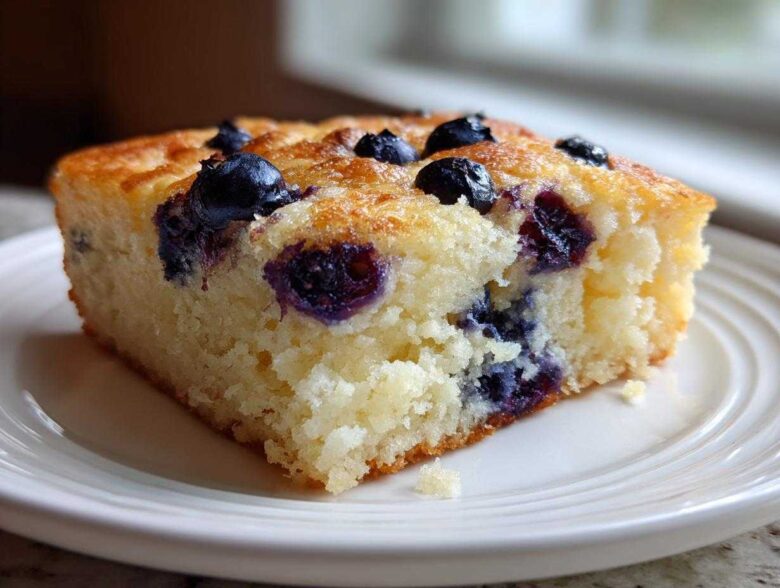 Close-up of a square slice of fluffy blueberry sheet pan pancakes served on a white plate.