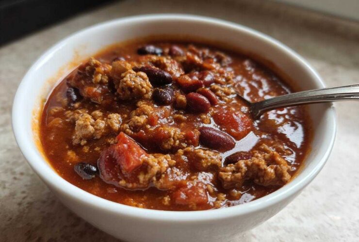 Close-up of a white bowl filled with rich, hearty high protein chili featuring ground meat and kidney beans.