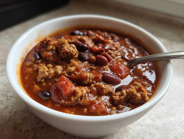 Close-up of a white bowl filled with rich, hearty high protein chili featuring ground meat and kidney beans.