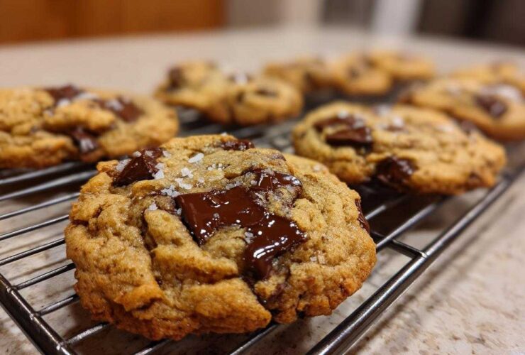 Close-up of a gooey brown butter chocolate chip cookie topped with flaky sea salt on a cooling rack.