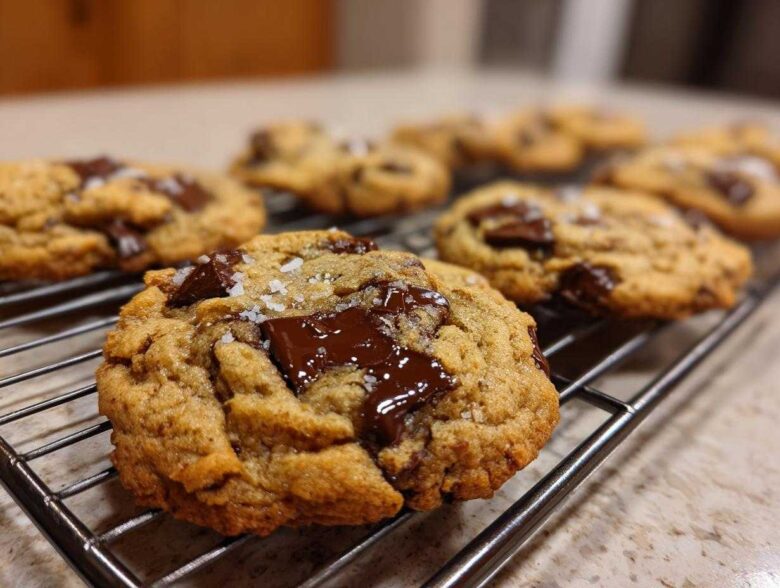 Close-up of a gooey brown butter chocolate chip cookie topped with flaky sea salt on a cooling rack.