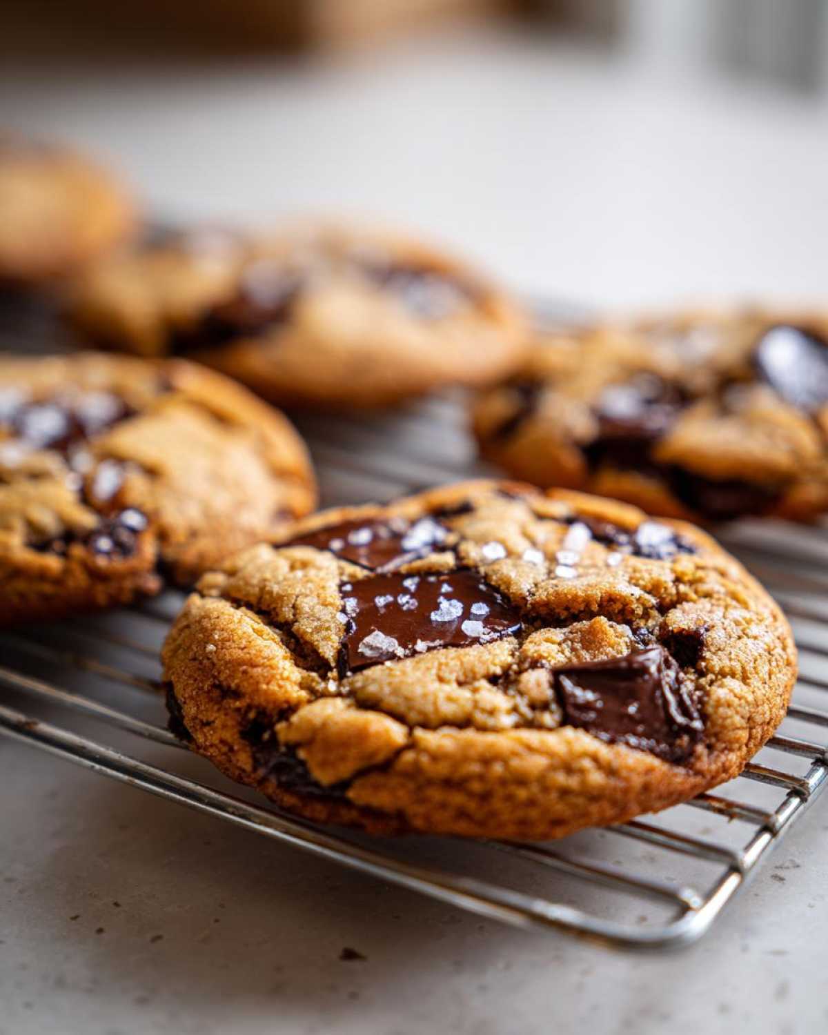 Close-up of gooey brown butter chocolate chip cookies sprinkled with sea salt cooling on a wire rack.