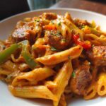 Close-up of creamy Cajun sausage pasta featuring penne, sliced sausage, green peppers, and parsley garnish.