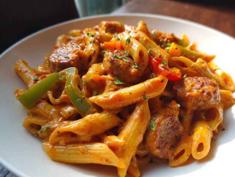 Close-up of creamy Cajun sausage pasta featuring penne, sliced sausage, green peppers, and parsley garnish.