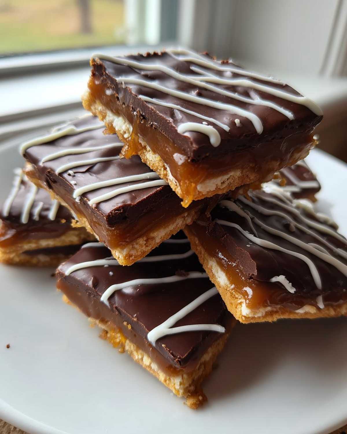 A stack of rich caramel ritz cracker christmas cookies bars topped with dark chocolate and white icing drizzle.