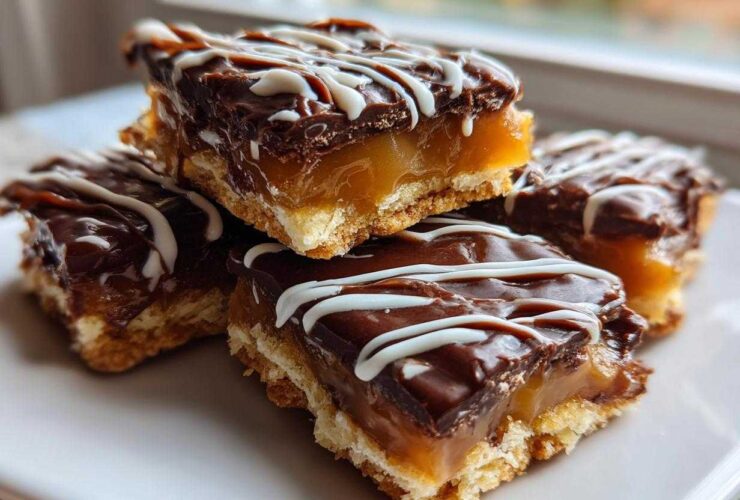 A stack of rich caramel ritz cracker christmas cookies topped with chocolate ganache and white icing drizzle.