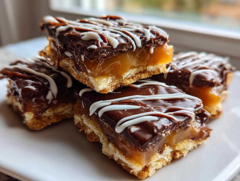 A stack of rich caramel ritz cracker christmas cookies topped with chocolate ganache and white icing drizzle.