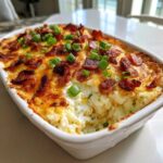 A close-up of a creamy, baked popper dip topped with melted cheese, crispy bacon, and green onions.