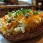 A close-up of a twice-baked potato casserole filling topped with melted cheddar cheese and fresh green onions.