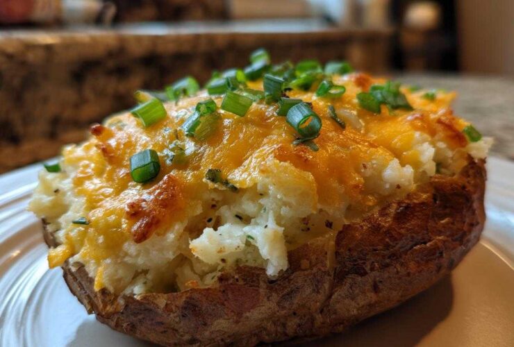 A close-up of a twice-baked potato casserole filling topped with melted cheddar cheese and fresh green onions.