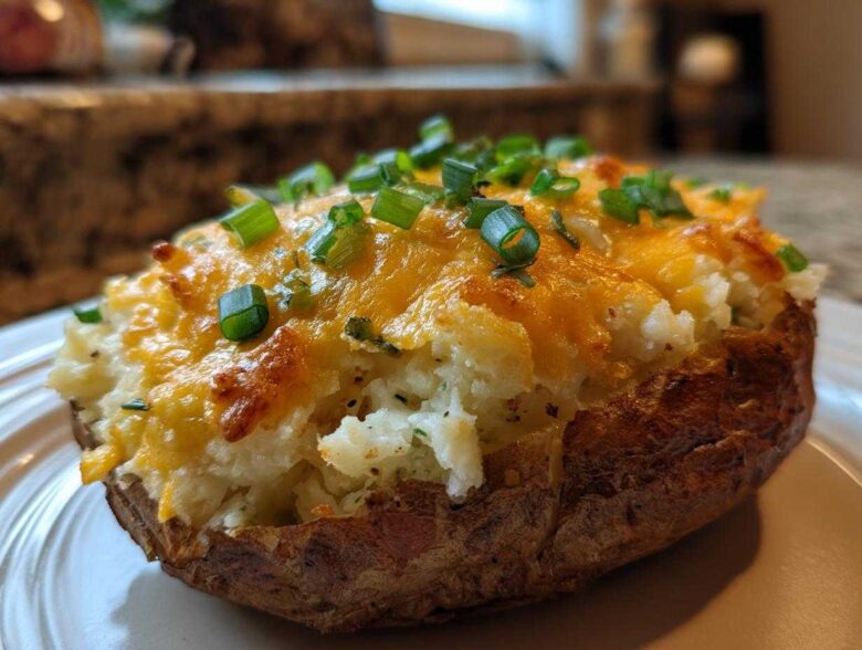 A close-up of a twice-baked potato casserole filling topped with melted cheddar cheese and fresh green onions.