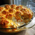 Close-up of a bubbling chicken cobbler in a glass dish with golden biscuit topping and melted cheddar cheese.