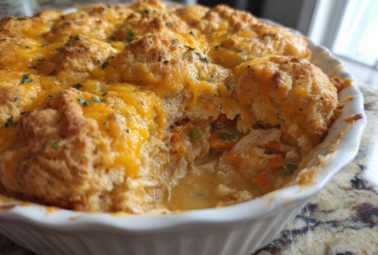 A close-up view of a golden-brown chicken cobbler topped with melted cheddar cheese, with a scoop removed showing the creamy chicken and vegetable filling.