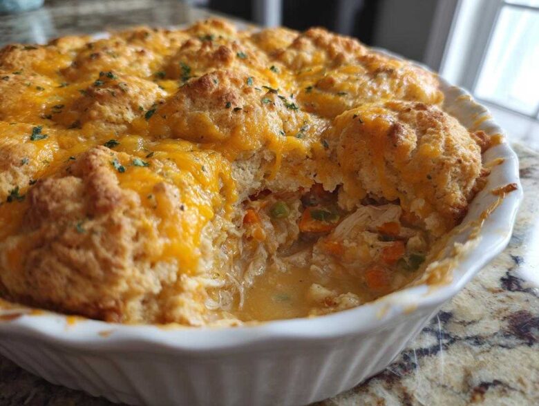 A close-up view of a golden-brown chicken cobbler topped with melted cheddar cheese, with a scoop removed showing the creamy chicken and vegetable filling.