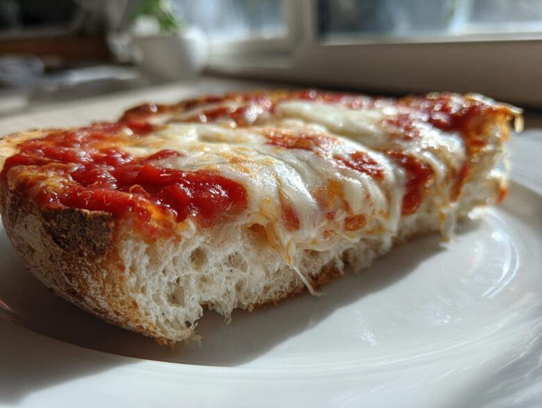 A close-up shot of a melted, cheesy english muffin pizza slice on a white plate.