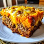 A close-up slice of cheesy meatloaf casserole featuring a thick meat base topped with bright orange mash and melted cheddar cheese.