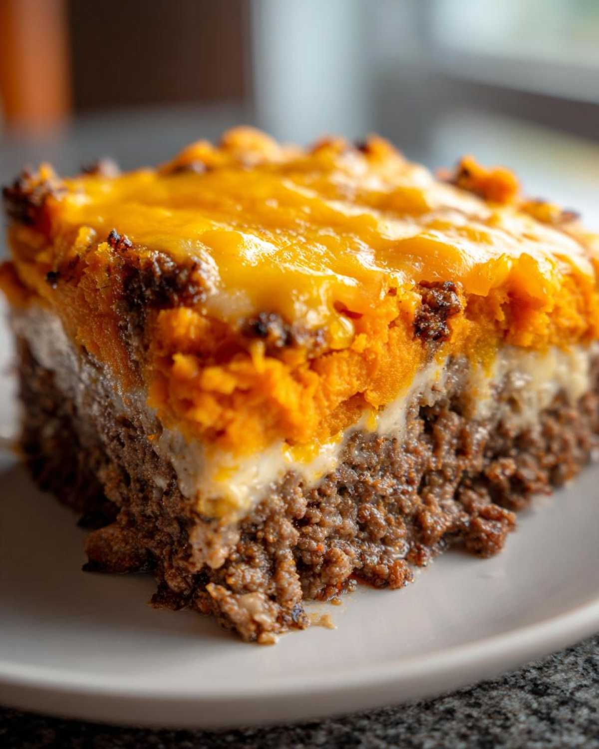 Close-up of a hearty slice of meatloaf casserole topped with bright orange sweet potato mash and melted cheddar cheese.