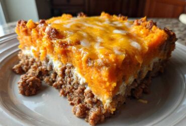 A close-up slice of cheesy meatloaf casserole topped with bright orange sweet potato mash and melted cheddar cheese.